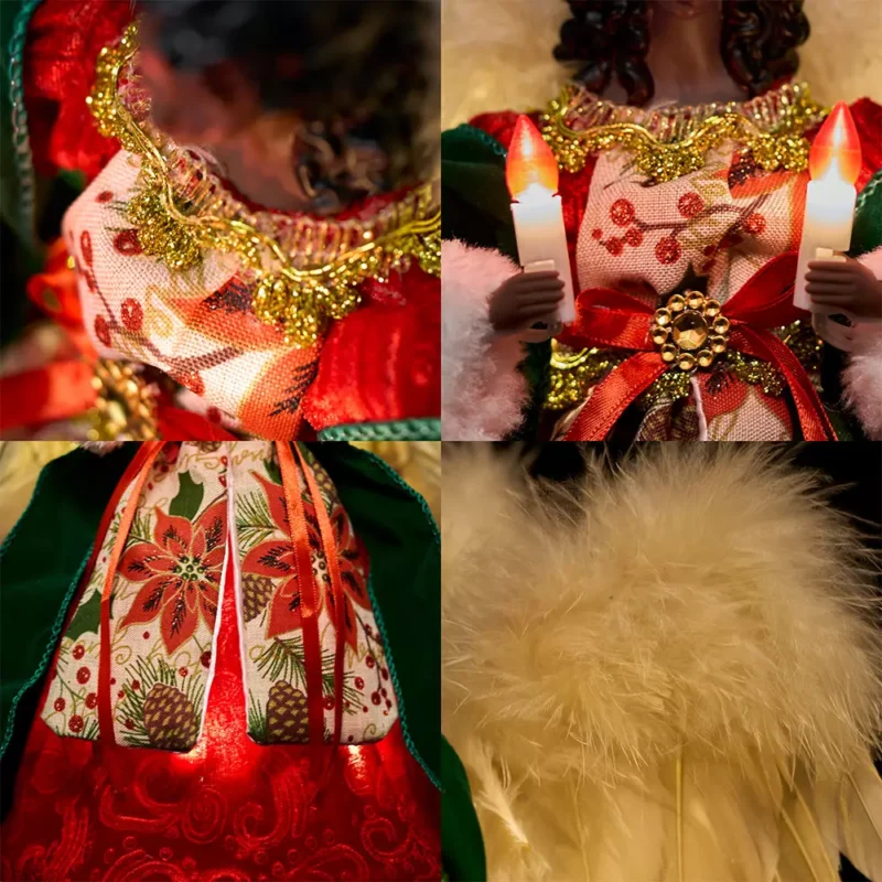 The details of black woman angel tree topper dressed with red cloth