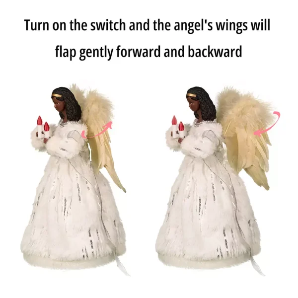 The wings of the black woman angel tree topper with white cloth flap gently forward and backward