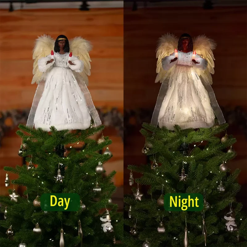 The day and night difference of black woman angel tree topper dressed with white cloth