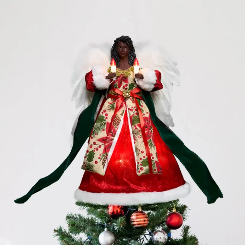 A 12-inch red black angel tree topper stands on the tree