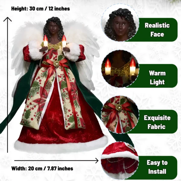 The details of this 12-inch red black angel tree topper