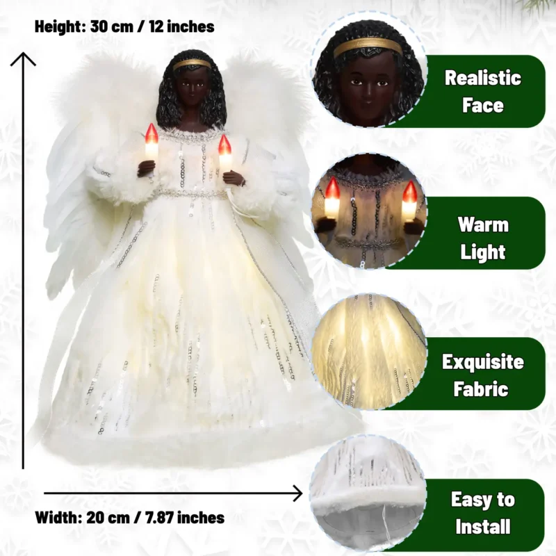 The details of this 12-inch gold animated black angel tree topper