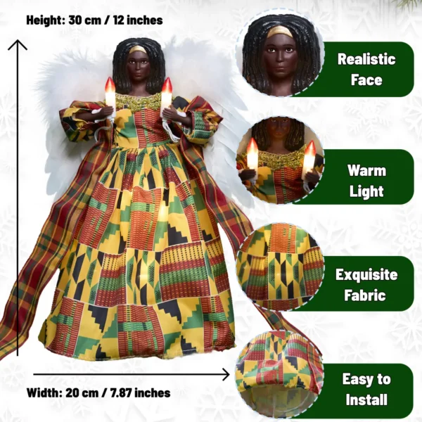 The details of this 12-inch kente black angel tree topper