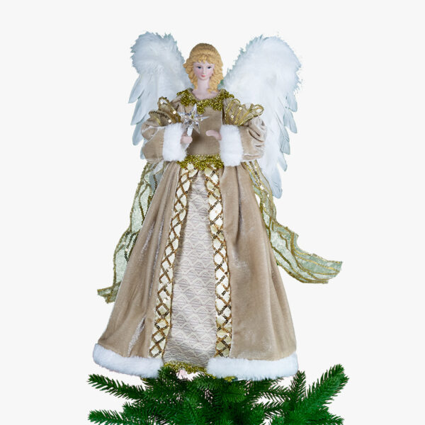 A gold lighted angel tree topper on top of a Christmas tree