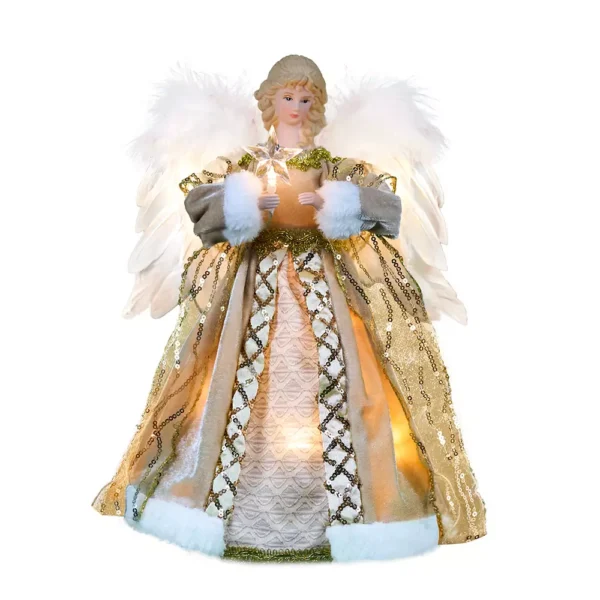 An white woman angel tree topper with gold cloth