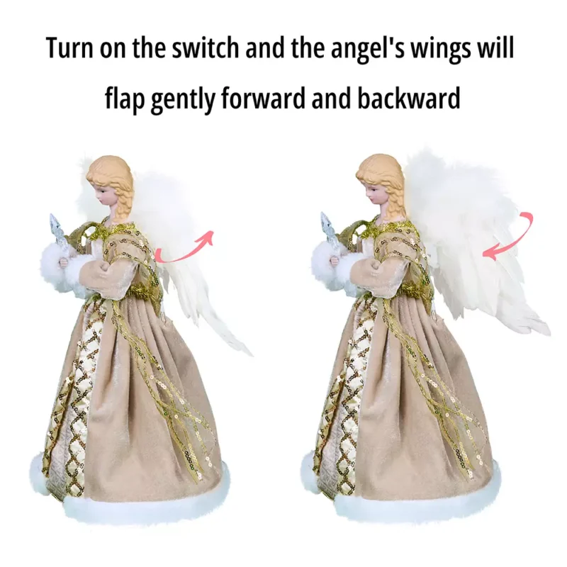 The wings of the white woman angel tree topper with gold cloth flap gently forward and backward