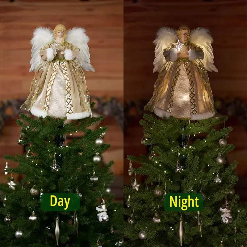 The day and night difference of white woman angel tree topper dressed with gold cloth