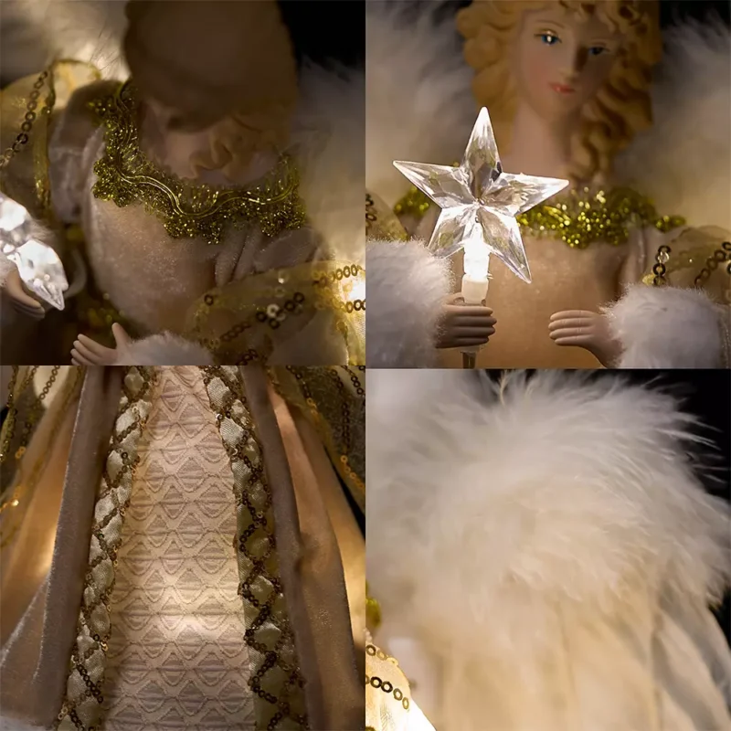 The details of white woman angel tree topper dressed with gold cloth