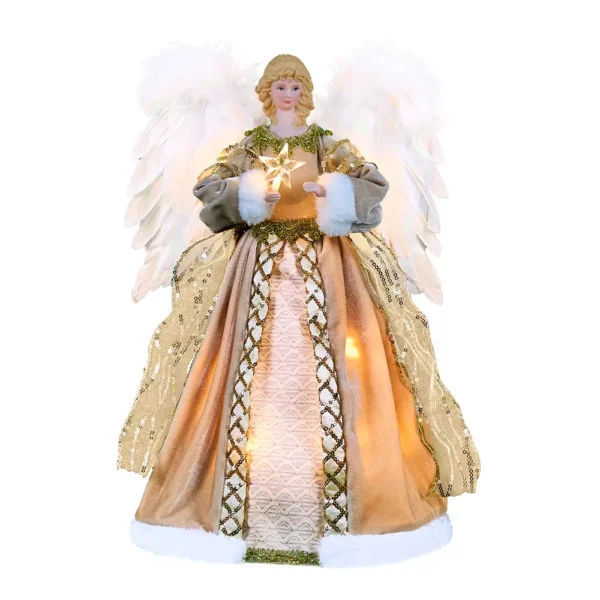 An 16 inch white woman angel tree topper with gold cloth