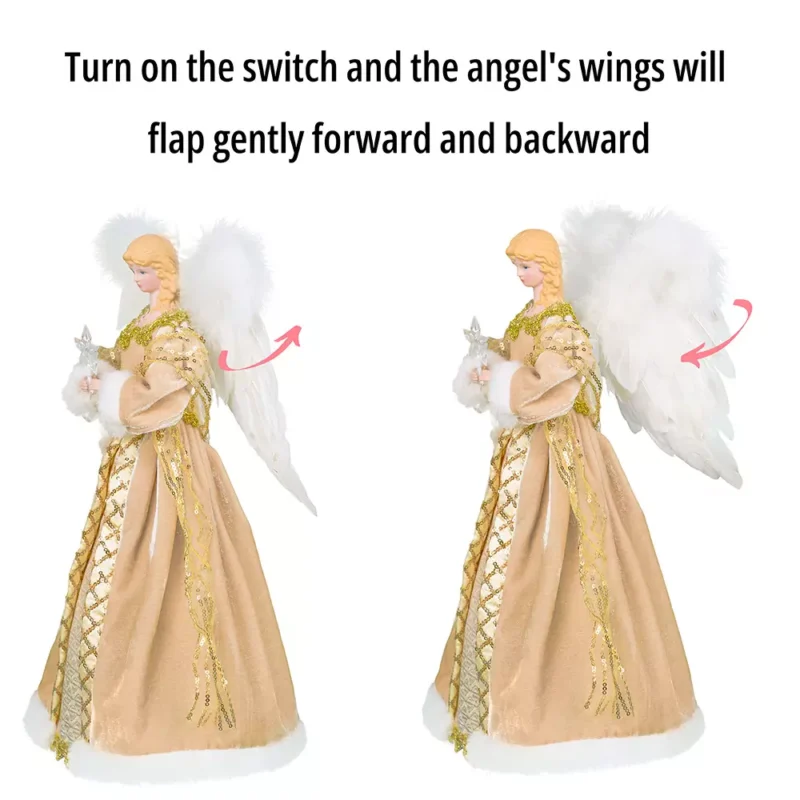 The wings of the 16 inch white woman angel tree topper with gold cloth flap gently forward and backward