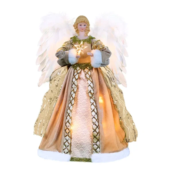 A lighted white woman yellow cloth angel tree topper with moving wings