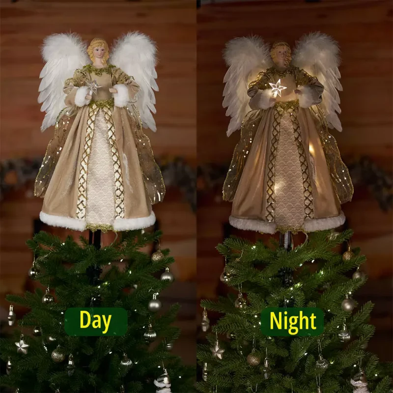 The day and night difference of 16 inch white woman angel tree topper dressed with red cloth