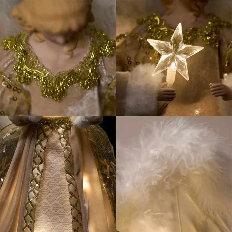 The details of 16 inch white woman angel tree topper dressed with gold cloth