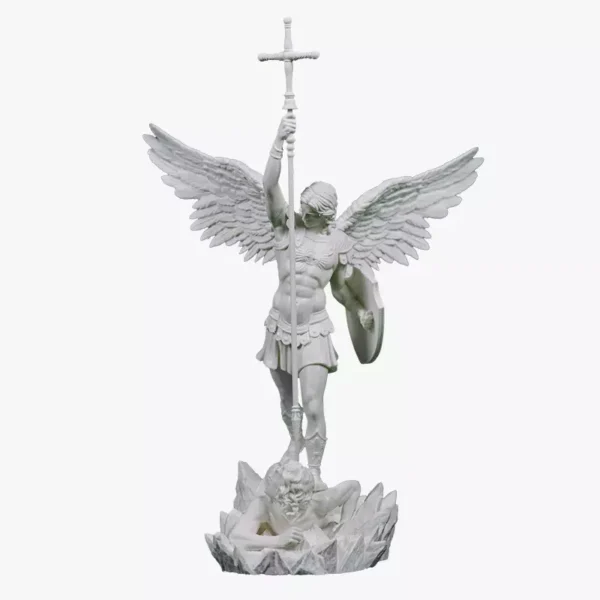 A white biblically accurate saint michaels archangel angel tree topper on the background