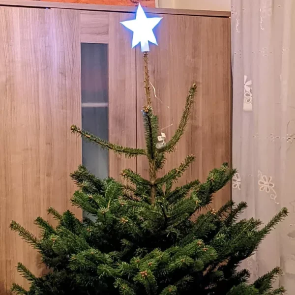 There is a Led lighted star Christmas tree topper on the tree