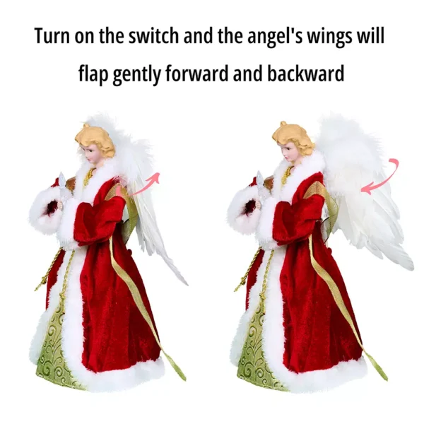 The wings of the white woman angel tree topper with red cloth flap gently forward and backward