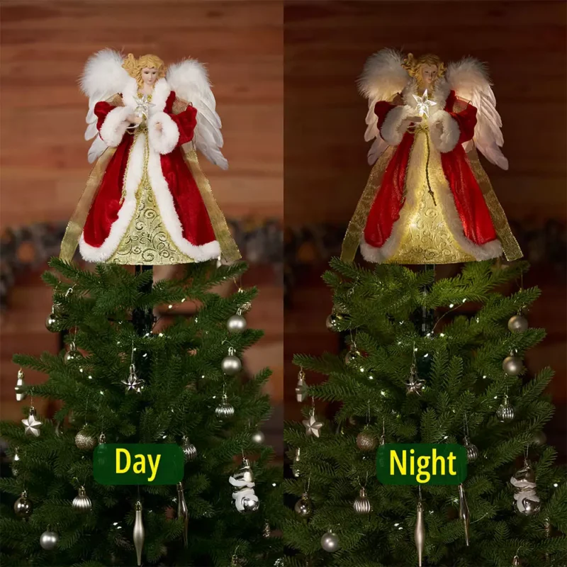 The day and night difference of white woman angel tree topper dressed with red cloth