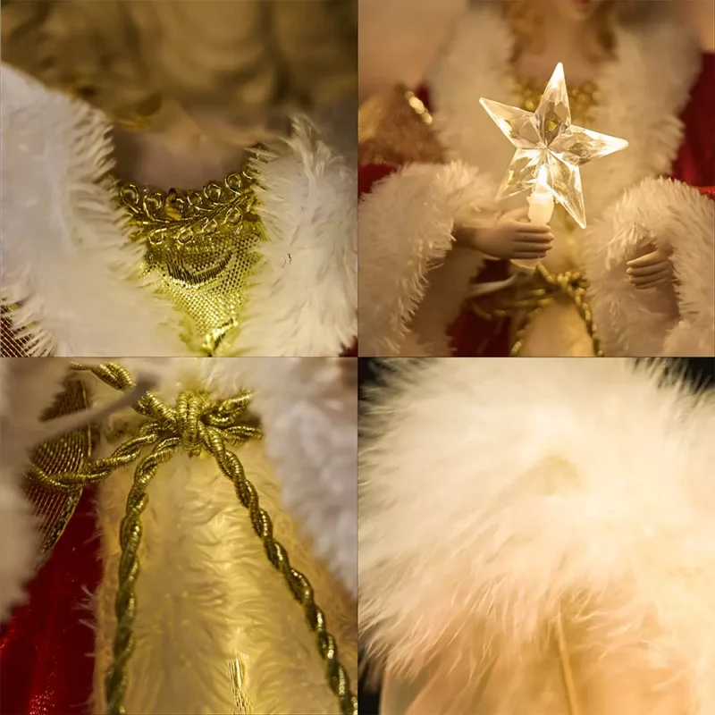 The details of white woman angel tree topper dressed with red cloth