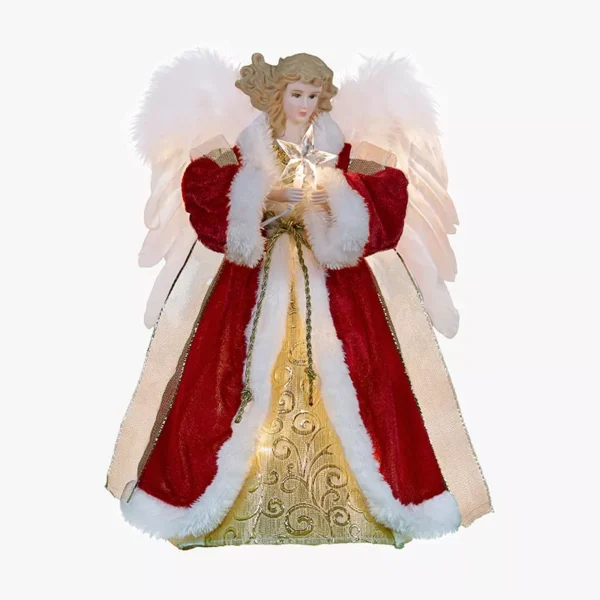 There is a white angel tree topper dressed in a red gown