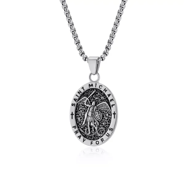 There is a silver Saint Michael necklace.