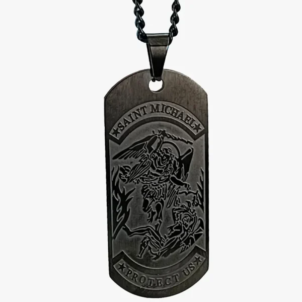 A front image of a rectangular necklace, and the image of St. Michael defeating Satan in the center.