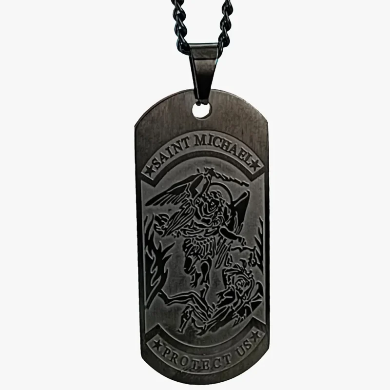 A front image of a rectangular necklace, and the image of St. Michael defeating Satan in the center.