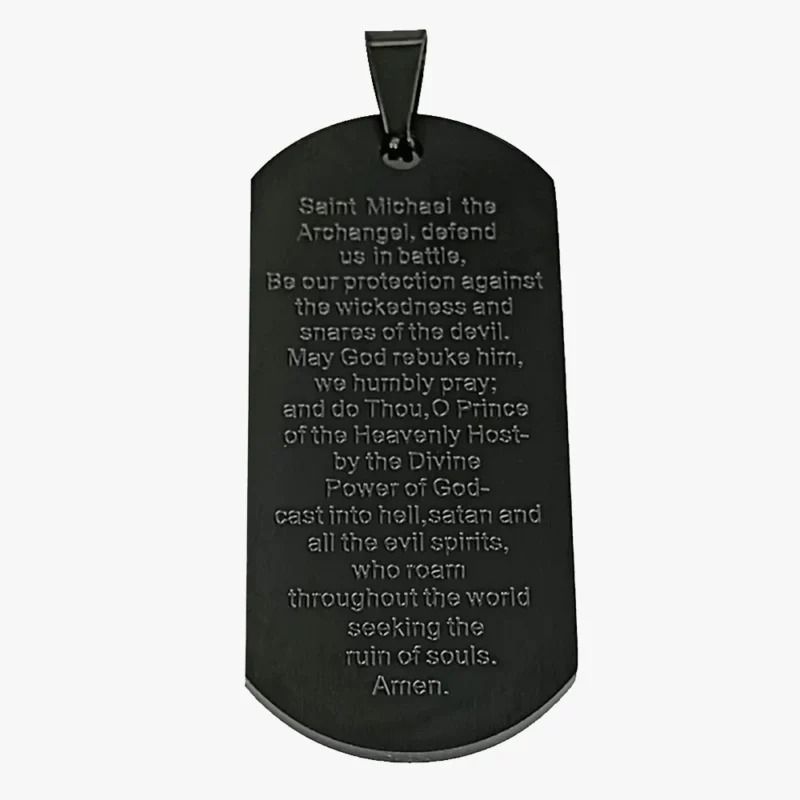 A back image of a St. Michael rectangular necklace, and prayer printed on the back.