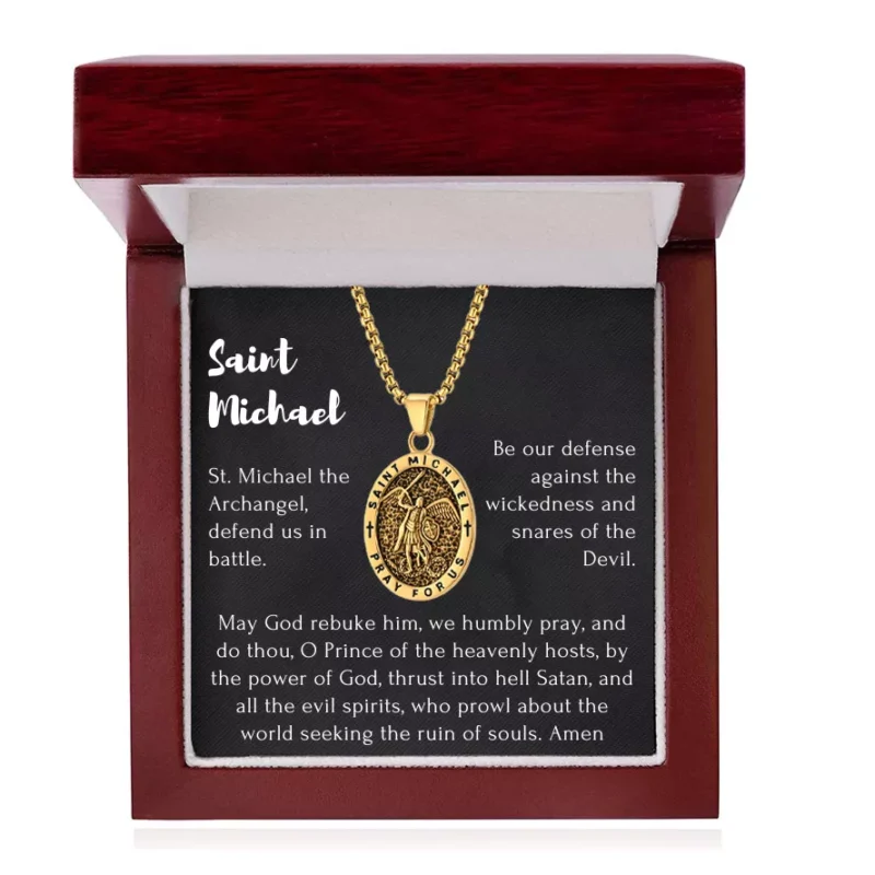 There is a gold Saint Michael necklace in a luxury box