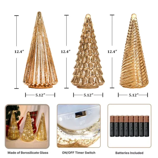 Thefeatures of the three lighted glass Christmas trees