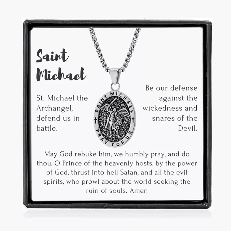 There is a silver Saint Michael necklace in a gift box