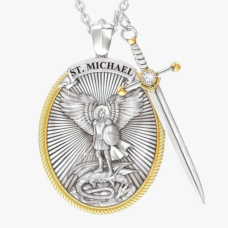 A St Michael oval-shaped pendant with a divine sword.