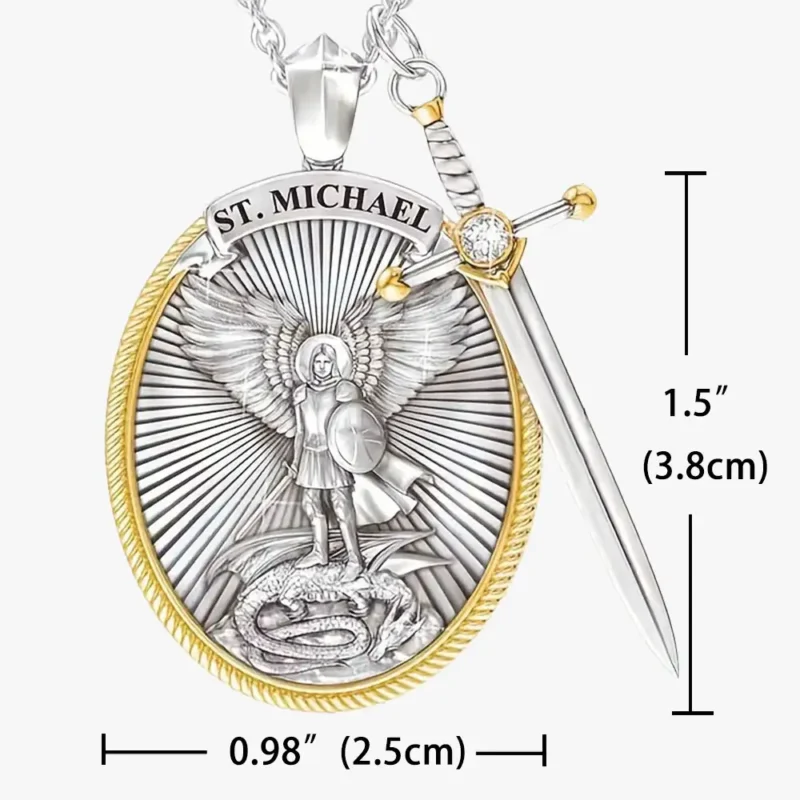 The size information of a St Michael oval-shaped pendant with a divine sword.