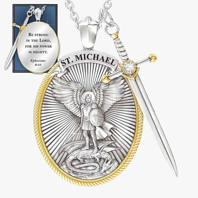 The front and back image of a St Michael oval-shaped pendant with a divine sword.