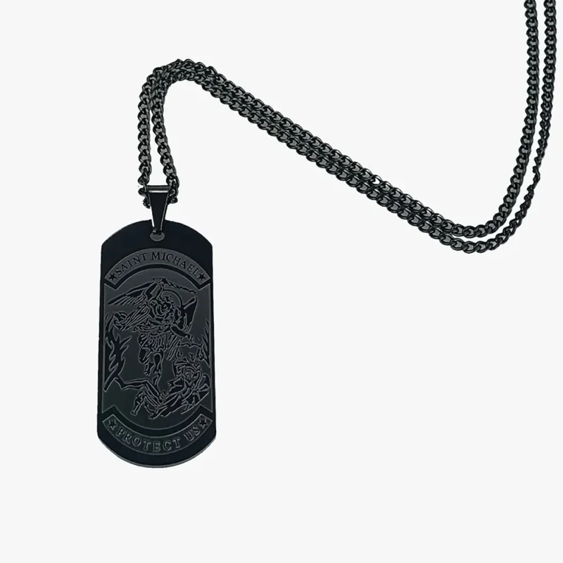 A rectangular black necklace with a front view of st. Michael defeating satan in the center and a long chain.