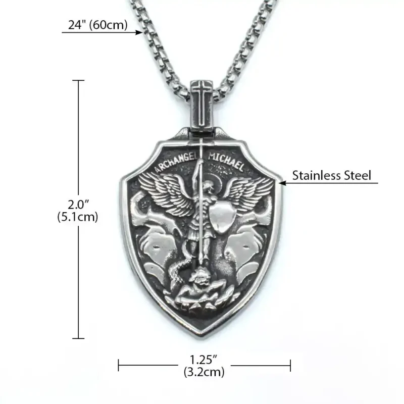 The size of St michael Shield Necklace and material is stainless steel