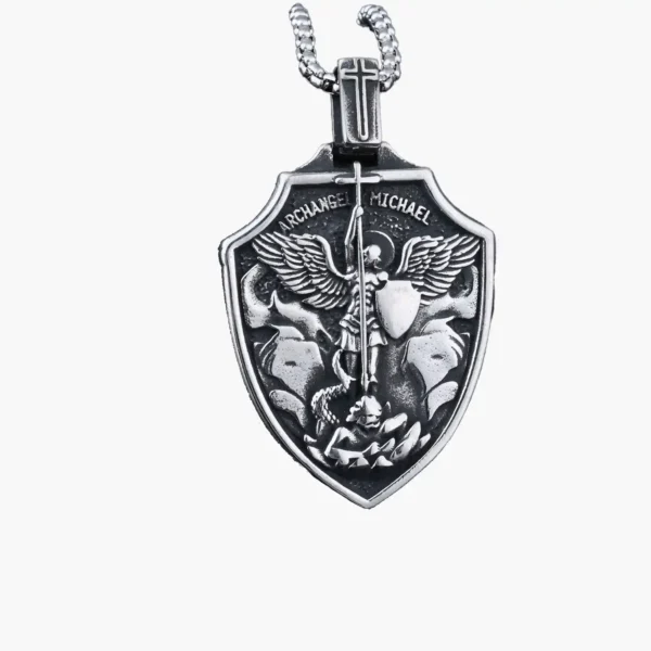 A silver St Michael shield necklace with cross pendant chain