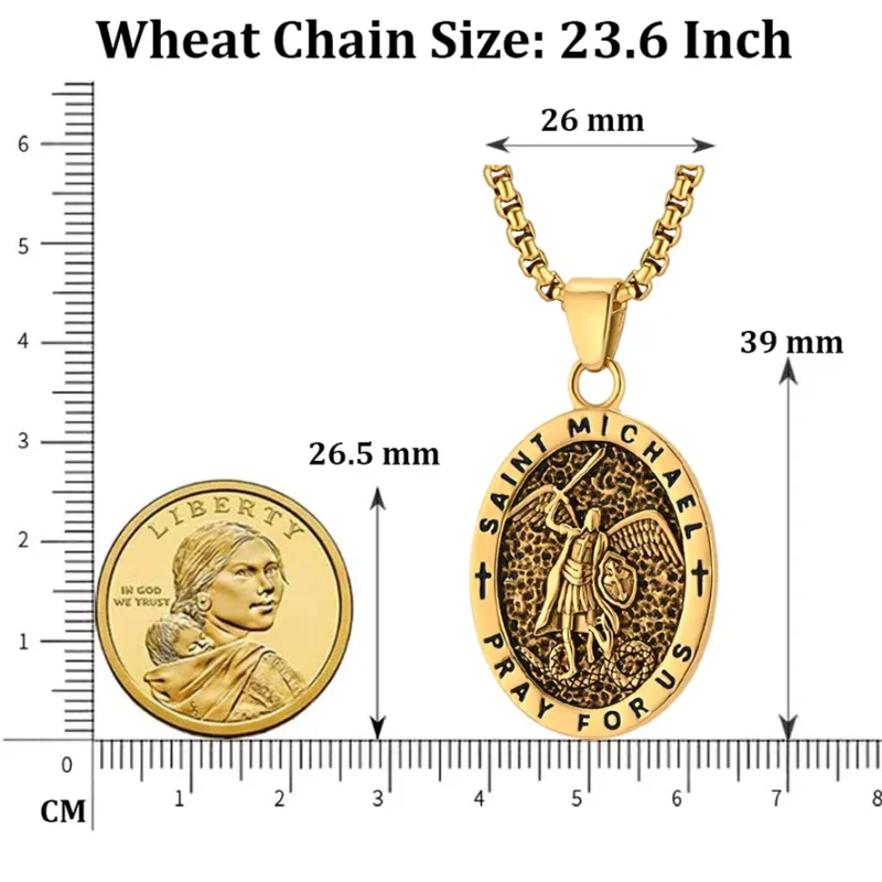 The size of a gold Saint Michael necklace.