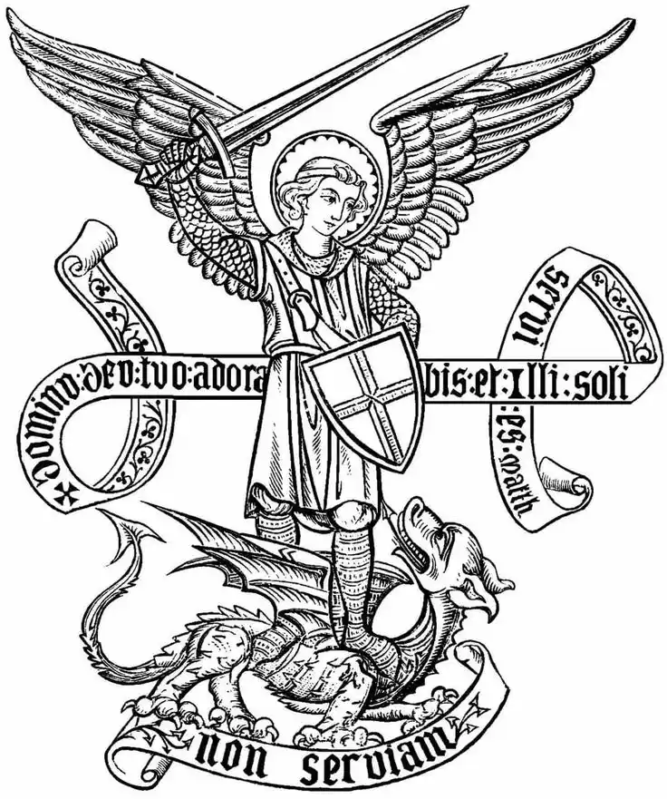 Sketch of Saint Michael slaying a dragon with sword and shield