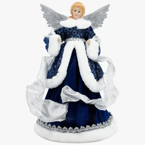 An angel tree topper with silver wings.