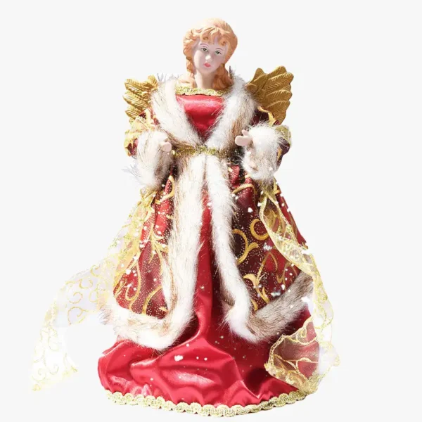Front view of an angel tree topper with golden wings.