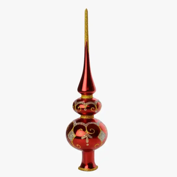 A red glass finial tree topper.