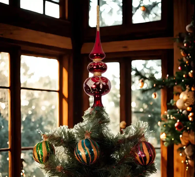 A red glass finial tree topper stands on the tree.