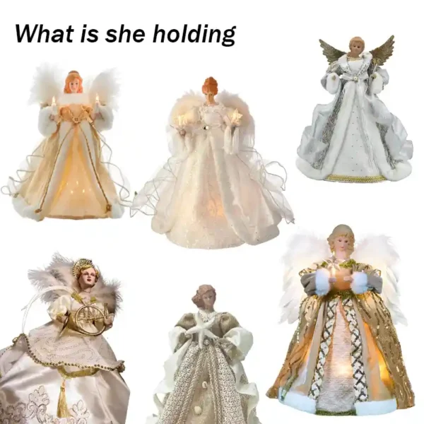 There are six angel tree topper decorations holding different objects.