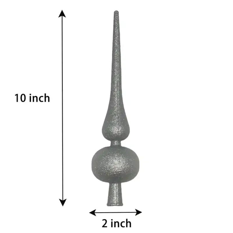 The measurement of a silver plastic finial tree topper.