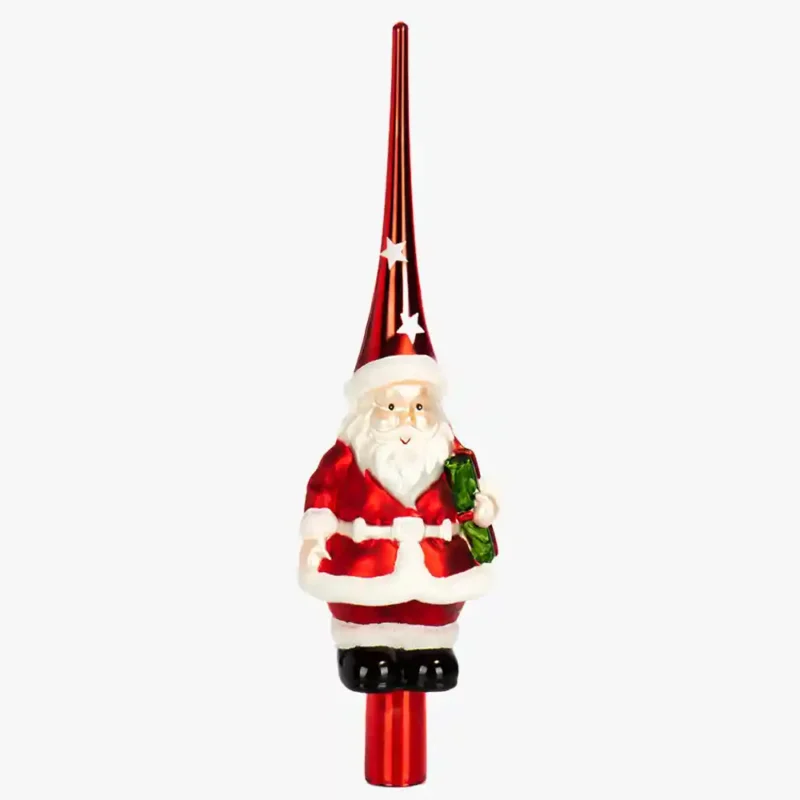 A Glass finial tree topper with Santa Claus.