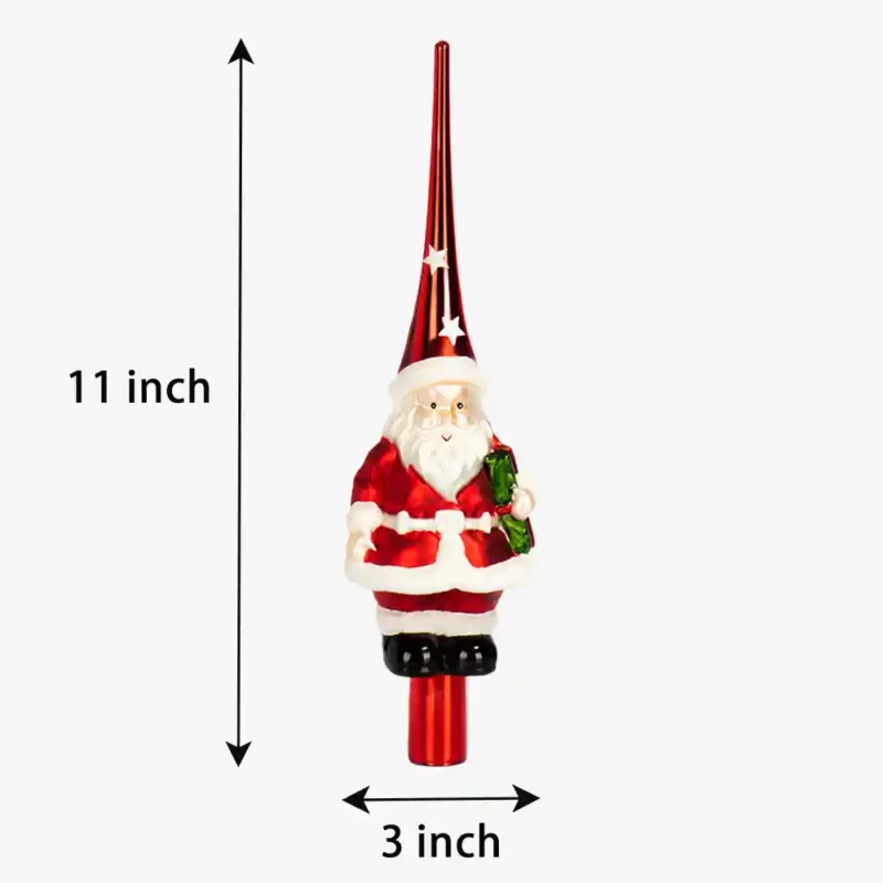 The measurement of a glass finial tree topper with Santa Claus.