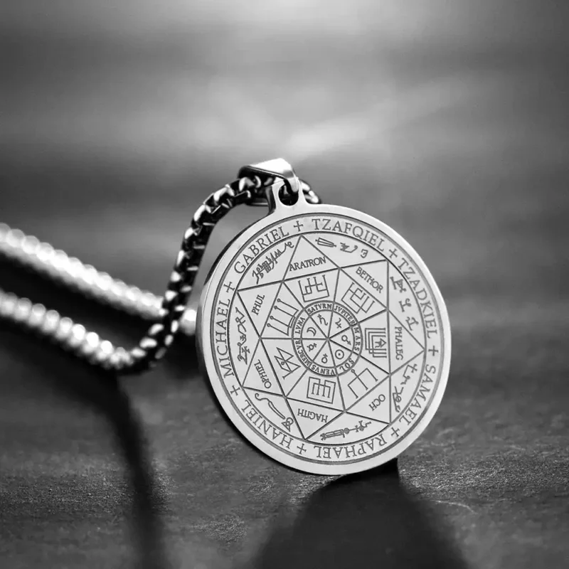 The front view of a silver Seven Archangels pendant.