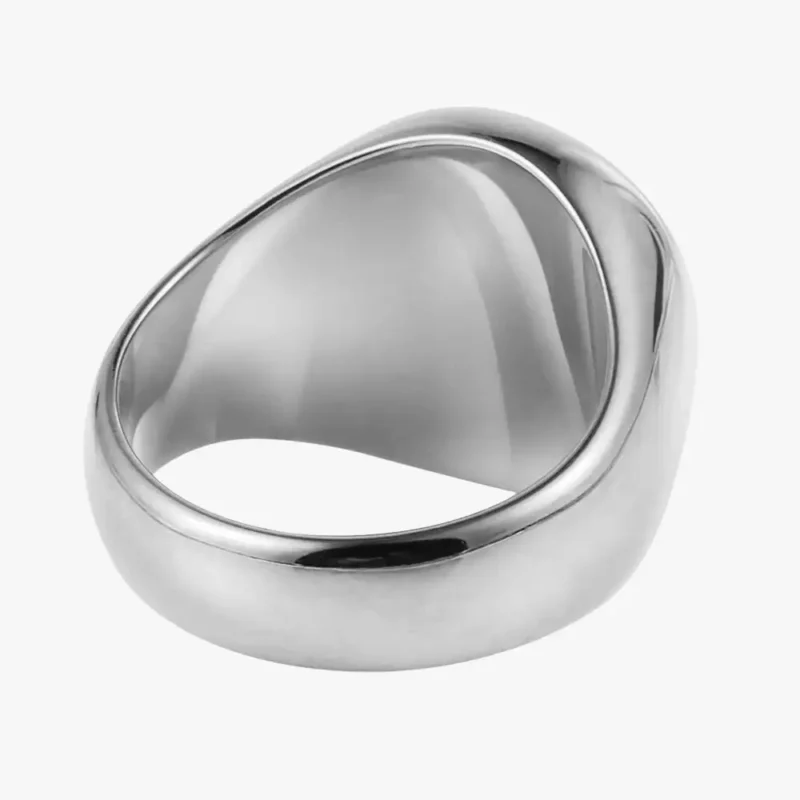 The back view of a silver seal of seven archangels ring.