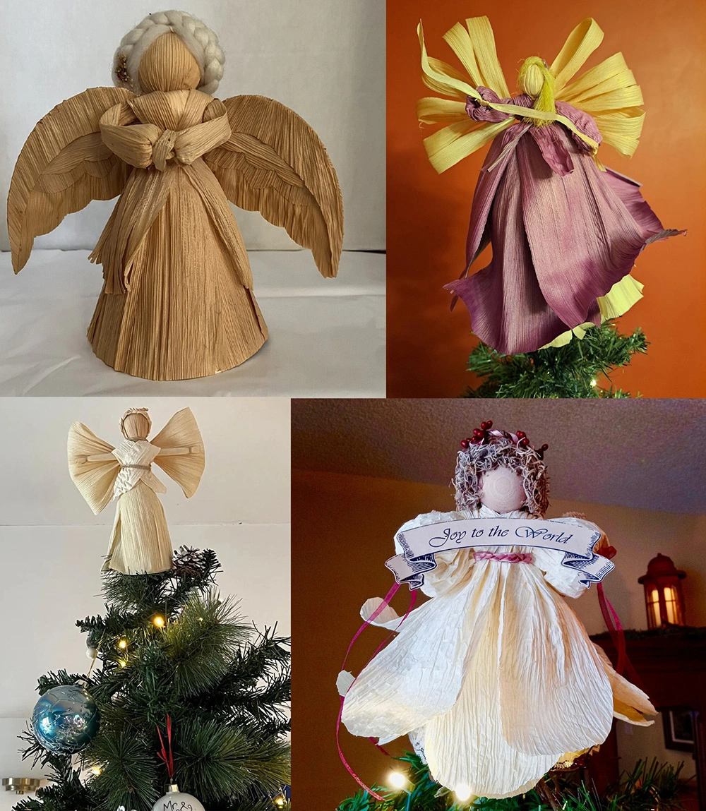 Four cornhusk vintage angel tree toppers in 1850s