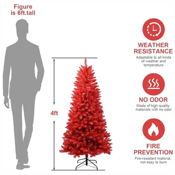 A comparison of the size of a red flocked Christmas tree and a person's height